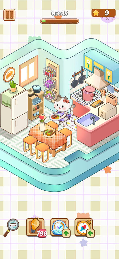 Cat Room Decor - A cute cat character holding a plate of food in a decorated pastel kitchen setting