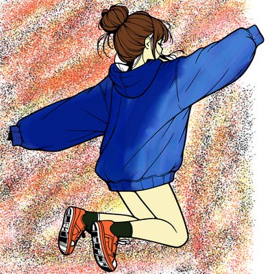 realistic girl jumping with a bun and oversized sweatshirt