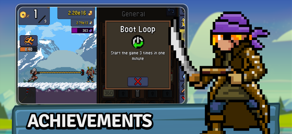 Tap Ninja - Idle Game - Tap Ninja achievement screen showing the Boot Loop challenge and pixel art ninja characters