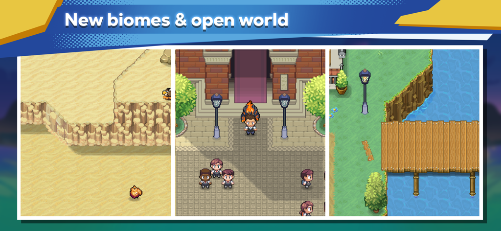 EvoCreo2: Monster Trainer RPG - Capturas de pantalla del juego EvoCreo 2 mostrando un pueblo desértico y biomas fluviales en un mundo abierto pixel art