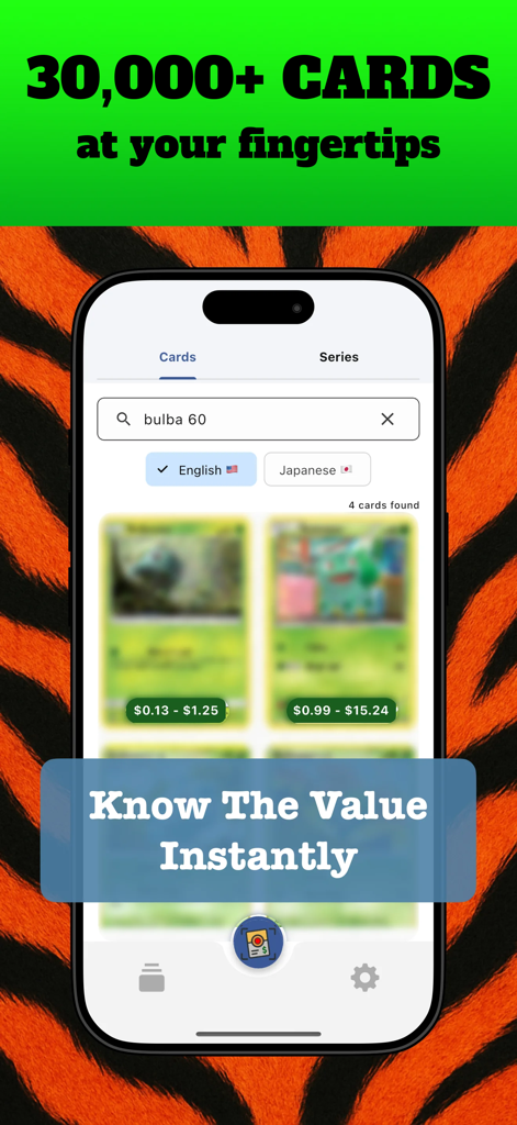 Écran de recherche d'application mobile pour les cartes Pokémon montrant les fourchettes de prix du marché et les filtres de langue.