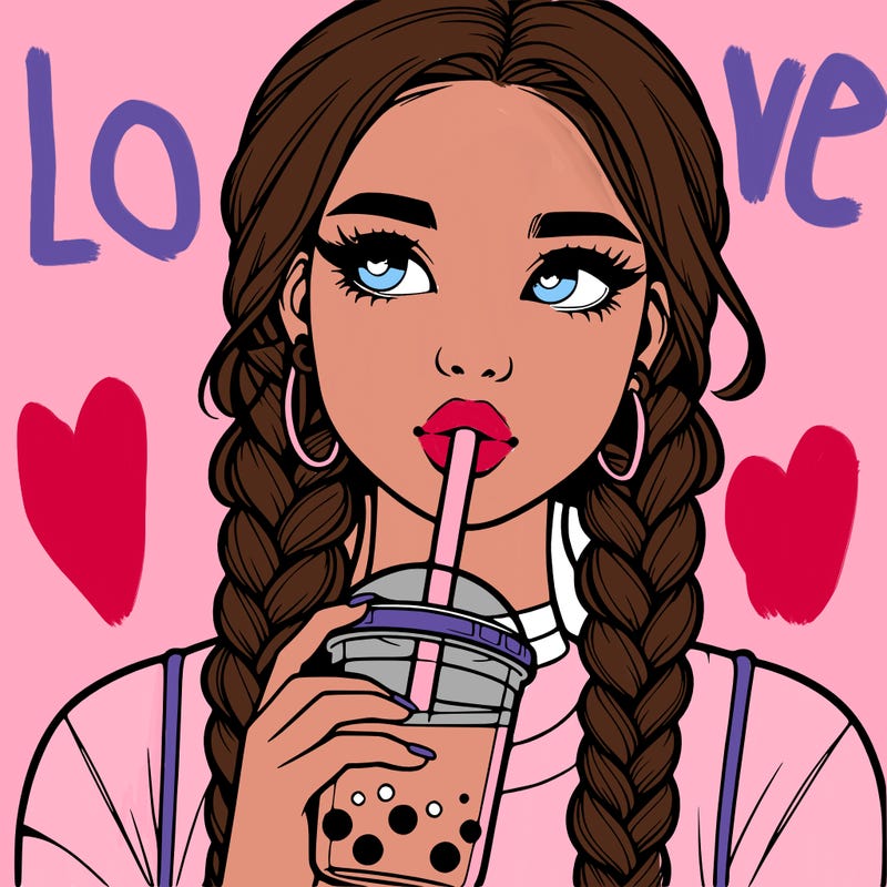 realistic girl with braided hair drinking boba