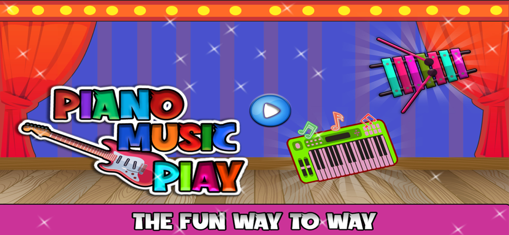 Piano Music & Singing Games - Intro screen of Piano Music Play app showing a guitar keyboard and xylophone on a colorful stage