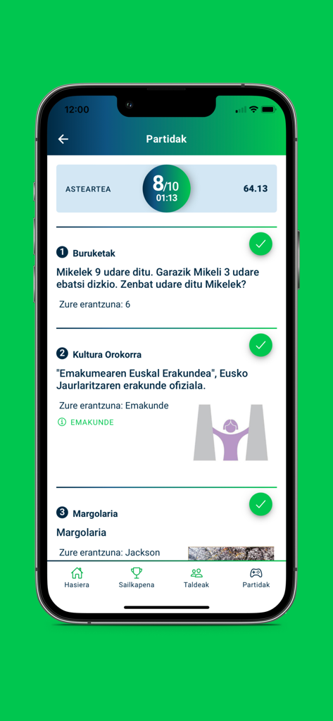 Resultados de un quiz diario en la aplicación de trivia vasca Egunean Behin que muestra puntuaciones y preguntas