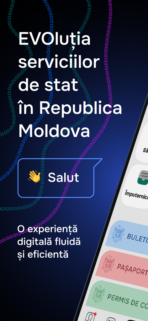 モルドバのデジタル行政サービスおよび電子IDのためのEVOアプリの紹介画面