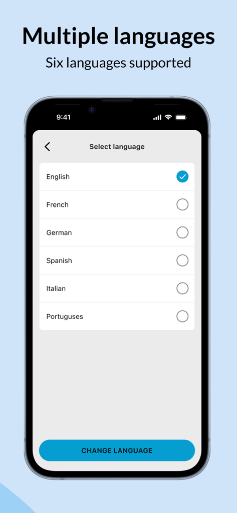 Sugar Free Scanner - Language selection screen in the Sugar Free Scanner app offering options for English French German Spanish Italian and Portuguese