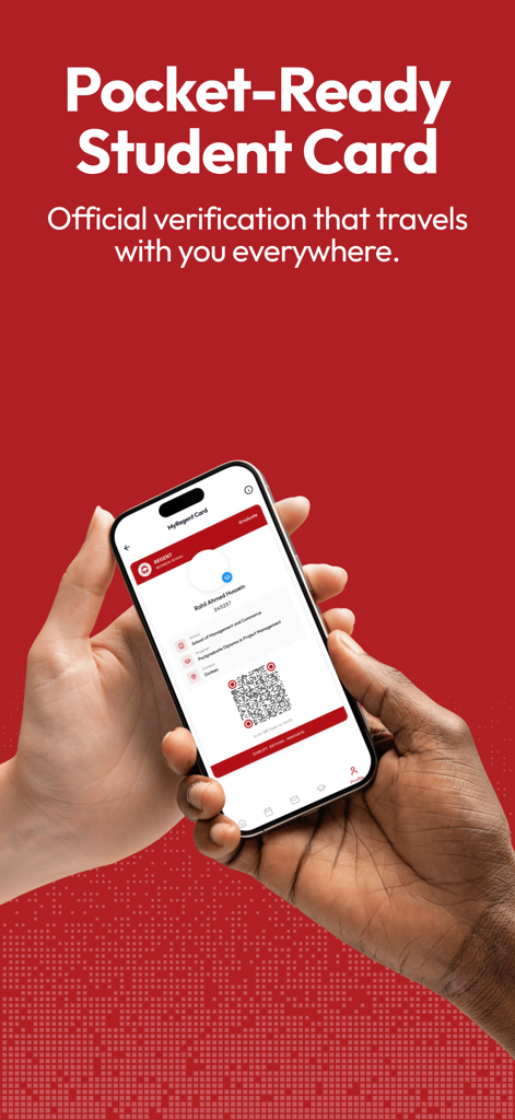 A smartphone displaying the myRegent digital student ID card with a QR code for official verification