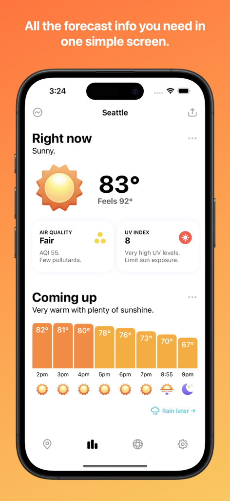 Interface do aplicativo Hello Weather mostrando uma previsão ensolarada para Seattle com qualidade do ar e temperaturas horárias