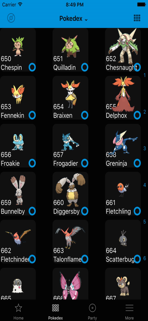 Oak Dex Team Builder Guides - Pokédex grid view in the Oak Dex app showing a list of Pokémon with their names and ID numbers