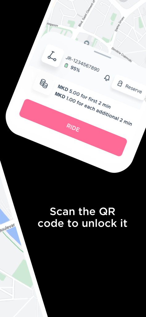Interfaz de la aplicación e-Enjoy para desbloquear un patinete eléctrico con instrucciones de código QR