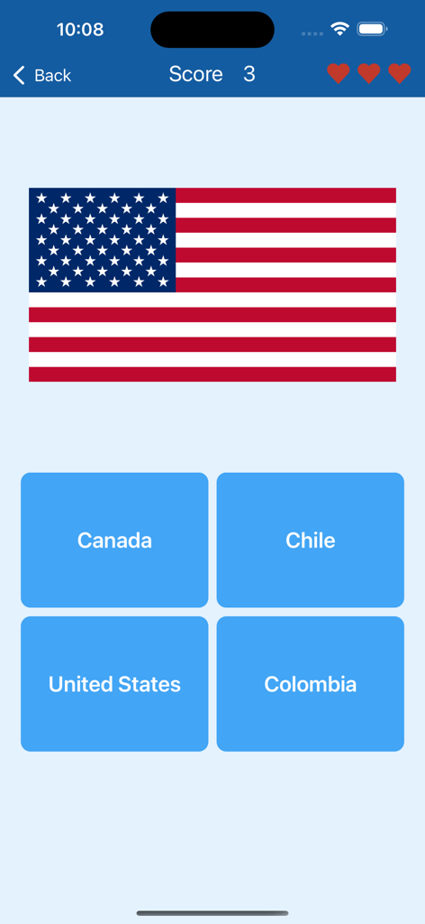 Flags of the countries - Quiz - A multiple choice quiz screen featuring the flag of the United States in the Flags of the countries app