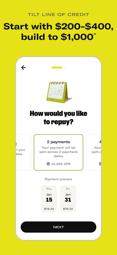Tilt app interface showing flexible repayment options for a line of credit split across paycheck dates.