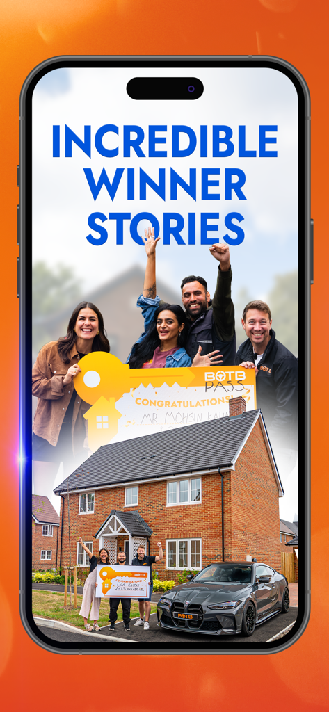 BOTB - Win Your Dream Car - Increíbles historias de ganadores de la aplicación BOTB mostrando una casa y un coche de lujo como premio