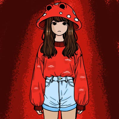 a realistic girl with a frog hat and baggy mushroom shirt