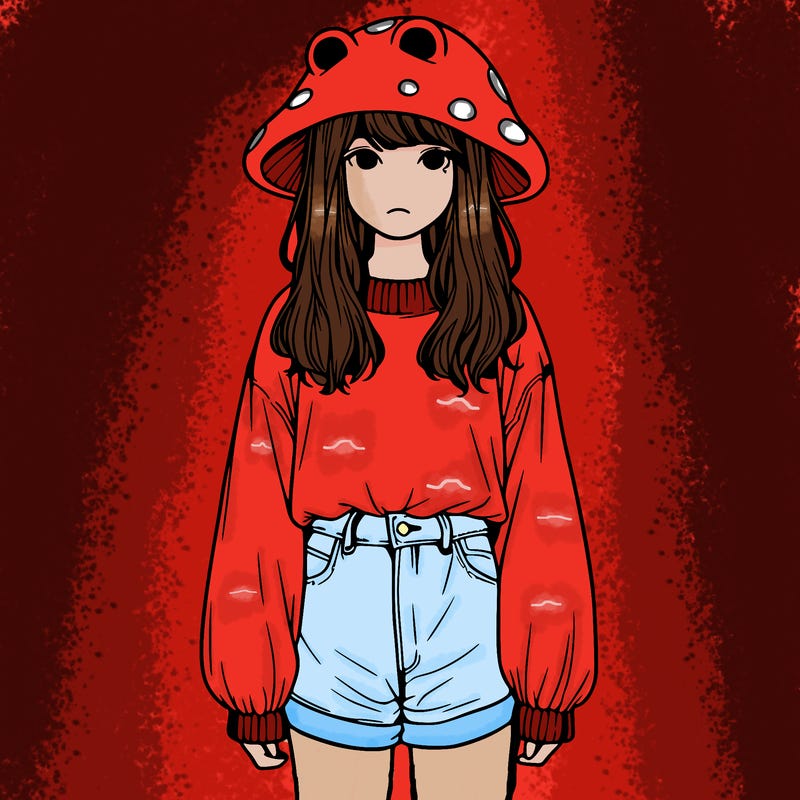 a realistic girl with a frog hat and baggy mushroom shirt