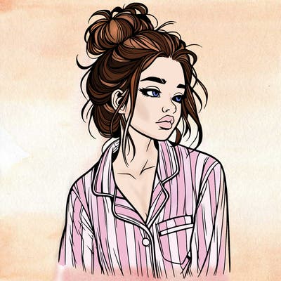 realistic woman with pajamas on and a messy bun