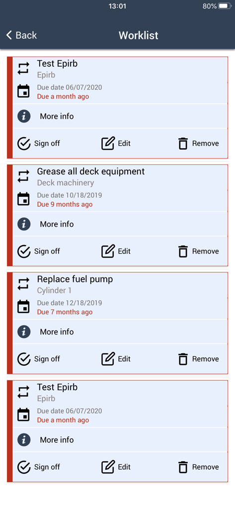 Interface do aplicativo móvel Marad mostrando uma lista de tarefas de manutenção marítima com tarefas como teste de EPIRB e substituição da bomba de combustível