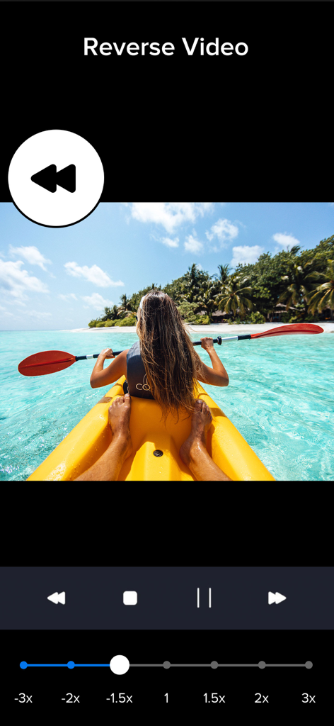 Video Slow Fast Speed Editor - Interface of Video Slow Fast Speed Editor app displaying the reverse video function on a kayaking clip