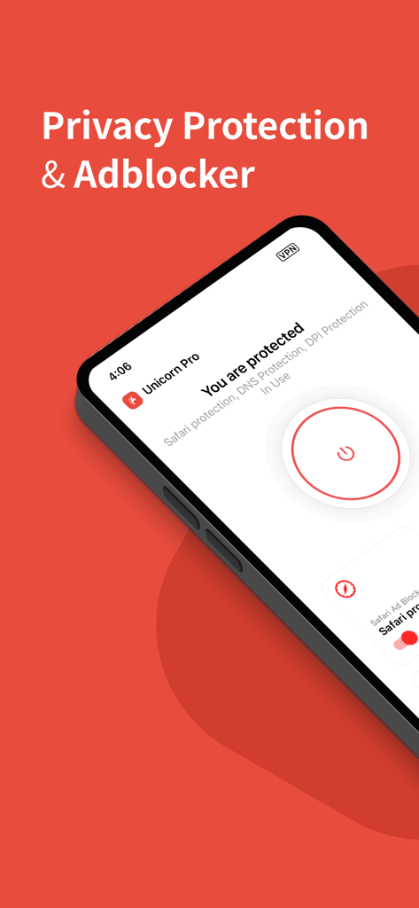Unicorn ProアプリのインターフェースがiPhoneに表示され、アクティブなプライバシー保護とアドブロッカーの状態を示しています