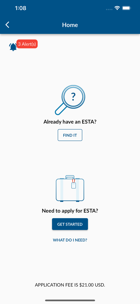 Home screen of the ESTA Mobile app showing options to find an existing application or start a new one.