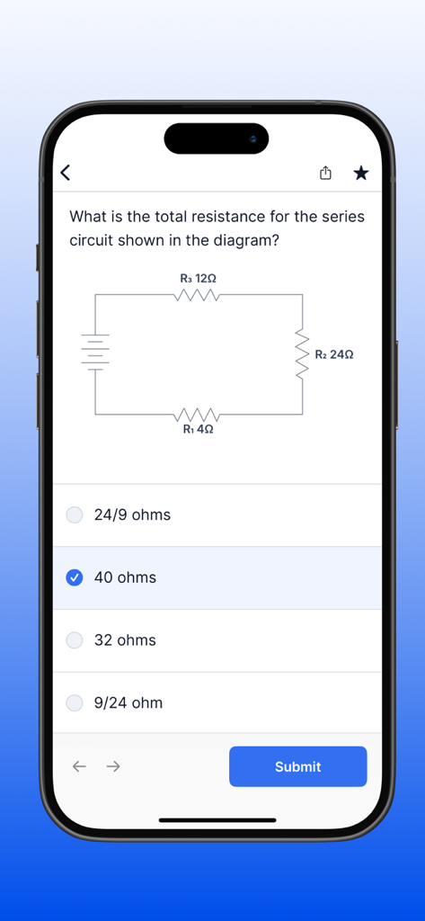 ASVAB Mastery app showing a multiple-choice practice question about calculating total resistance in a series circuit diagram.