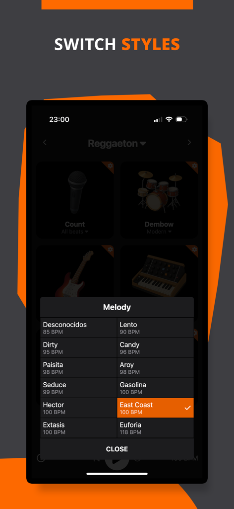 Reggaeton Rhythms - BeatLab - Interface of BeatLab app showing a list of reggaeton melody styles and BPM options