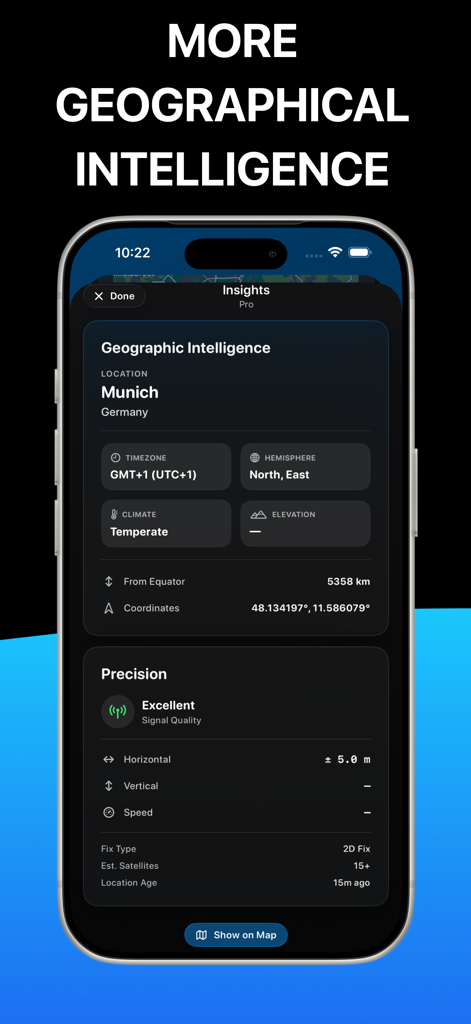 SkyLocation - SkyLocation app interface showing geographic intelligence and GPS precision details including coordinates signal quality and location data
