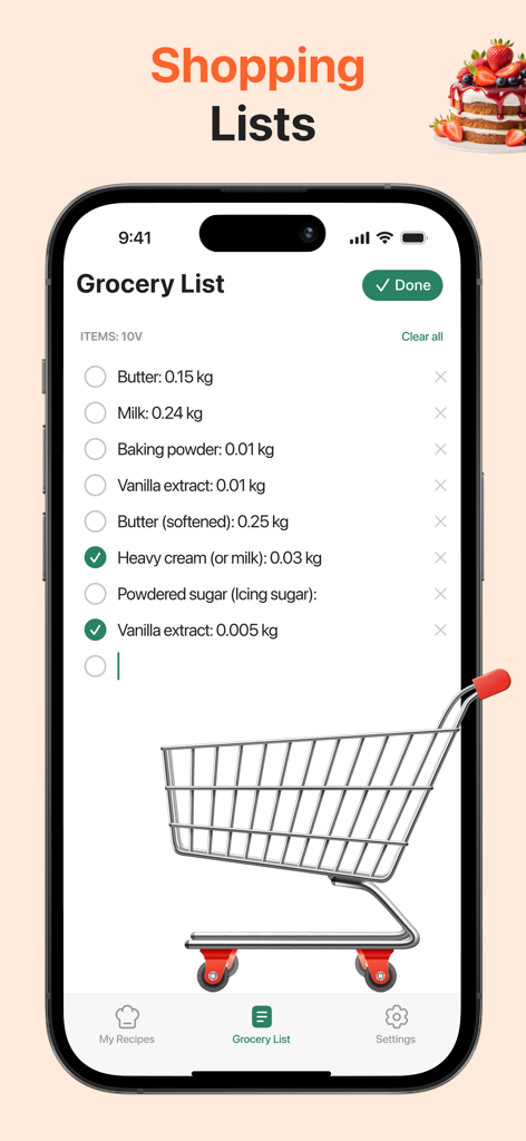 Recipic: Recipe Keeper & Cook - Interface of the Recipic app showing a digital grocery list with checkboxes and a shopping cart illustration