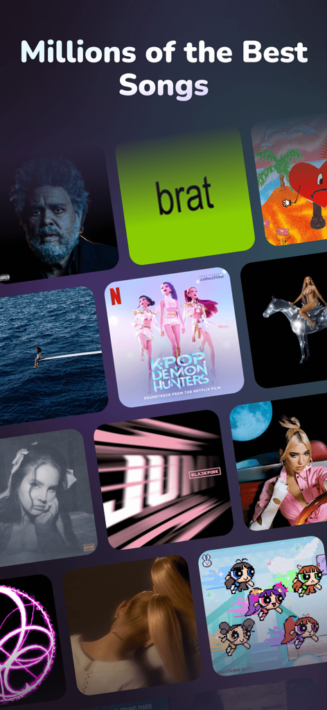 Mixer - Song Mashup Maker - Una colección de portadas de álbumes populares e íconos de artistas que ilustran la amplia selección de canciones disponibles para mashups en la aplicación Mixer.