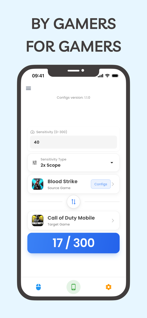 Interfaz móvil de la aplicación Game Aim Converter que muestra la conversión de sensibilidad de Blood Strike a Call of Duty Mobile