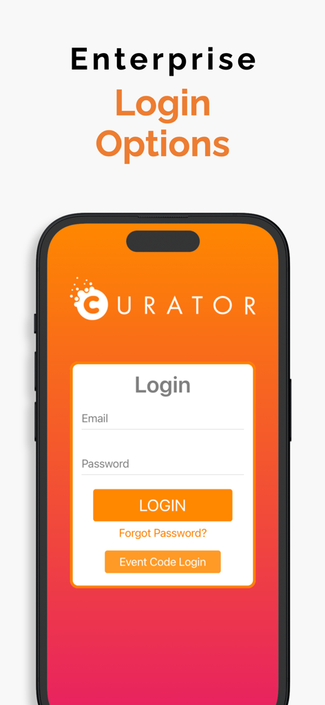 Curator Live mobile app enterprise login screen with email password and event code login options