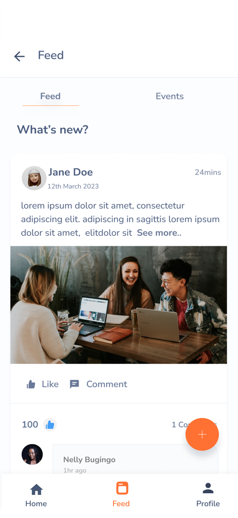 Huza HR - Huza HR mobile app feed screen showing a post with a photo of people working together