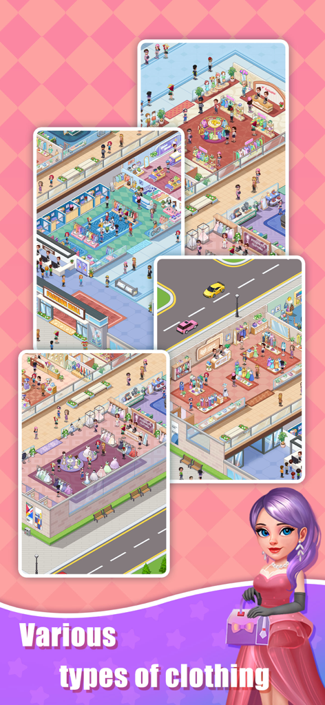 Isometric view of multiple clothing stores and fashion boutiques in the Idle Shopping Mall Tycoon mobile game.