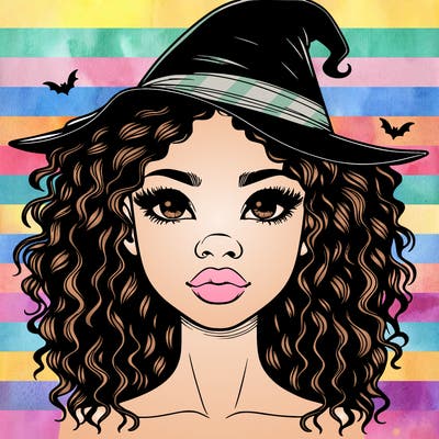 realistic black girl with wavy hair and witch hat and nose and lips