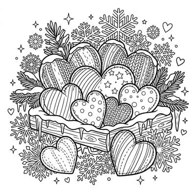 Immerse yourself in a heartwarming winter scene with this charming Plush Hearts coloring page. Discover a cozy collection of stuffed hearts adorned with delightful patterns, nestled amidst festive snowflakes and snowy pine branches.