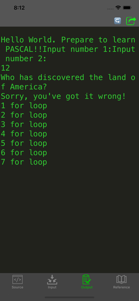 Pascal Programming Compiler - Screenshot dell'app Pascal Programming Compiler che mostra la scheda di output del programma con testo verde su sfondo nero che visualizza un ciclo for e prompt utente.