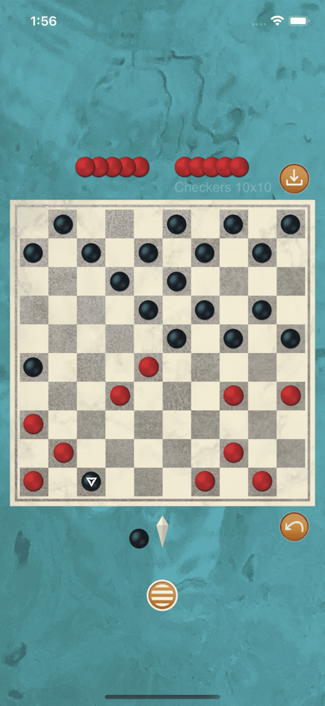 Checkers game - 질감 있는 파란색 배경에 빨간색과 검은색 말이 있는 10x10 체커 게임 보드