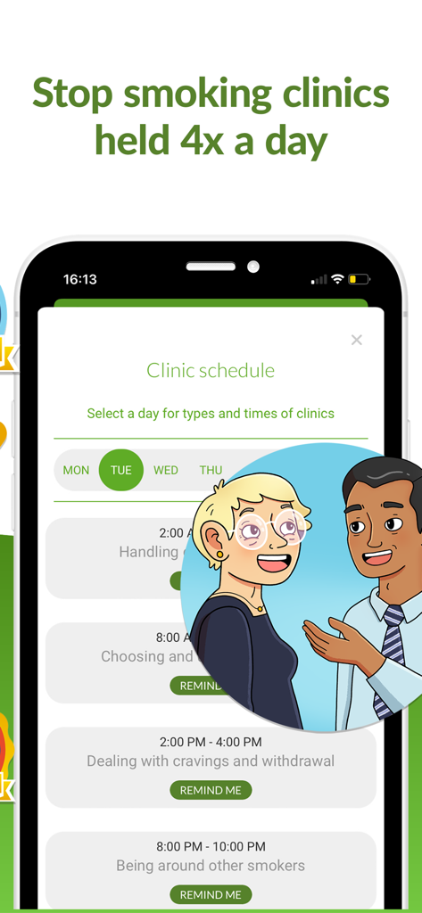 A screenshot of the Smoke Free app showing a clinic schedule with daily sessions for handling cravings and withdrawal.