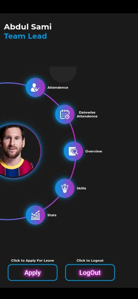 Zelle Attendance App - Panel de Zelle Attendance App con el perfil de un líder de equipo y un menú de navegación circular para el seguimiento de asistencia