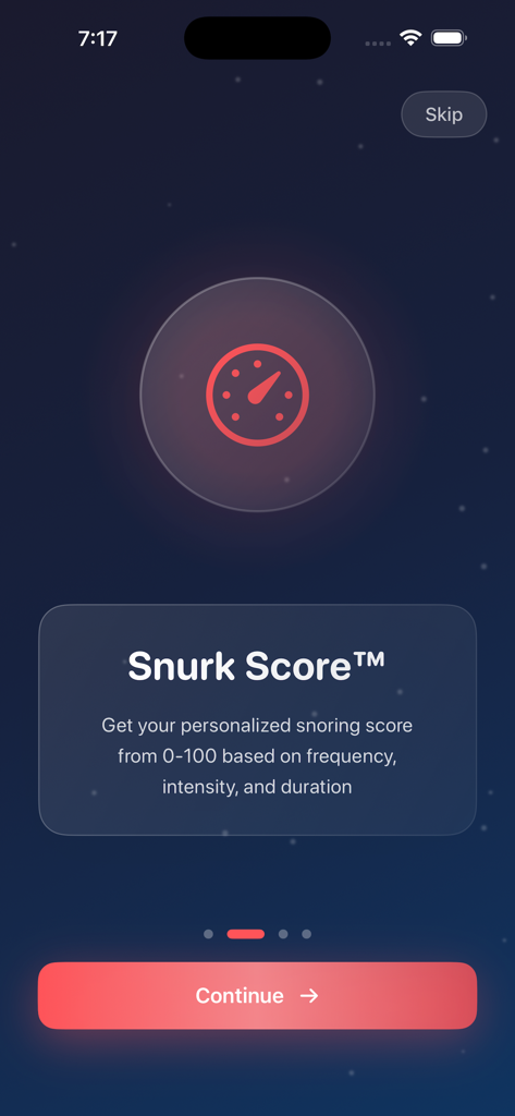 Snore Recorder Tracker - Onboarding screen of the Snore Recorder Tracker app explaining the personalized Snurk Score feature based on snoring frequency and intensity.