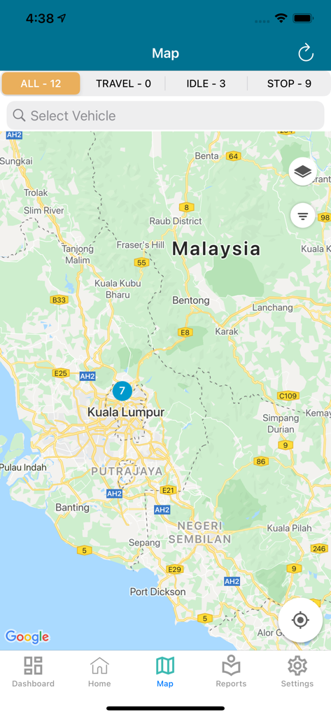 gFleet+ - Kartenansicht in der gFleet plus App, die Live-Fahrzeugverfolgung und Status für das Flottenmanagement anzeigt