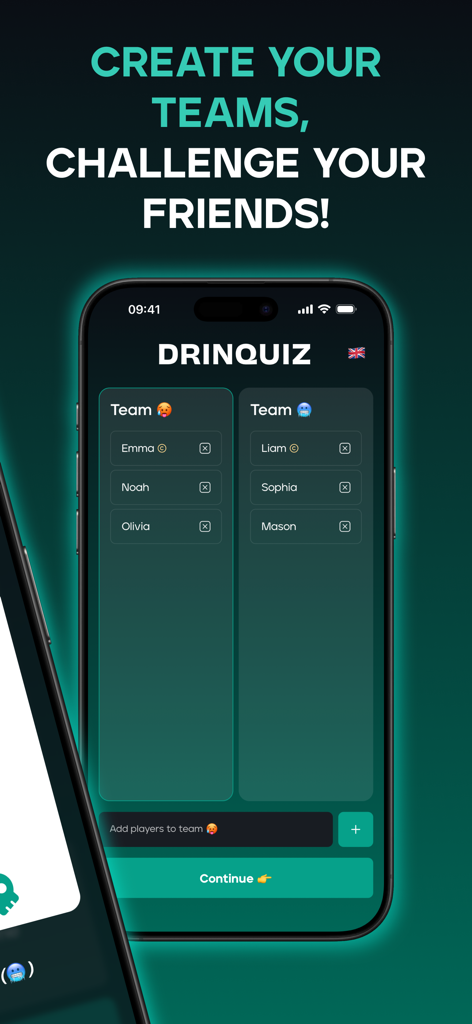 Schermata di uno smartphone che mostra la selezione della squadra e i nomi dei giocatori per il gioco di festa Drinquiz.