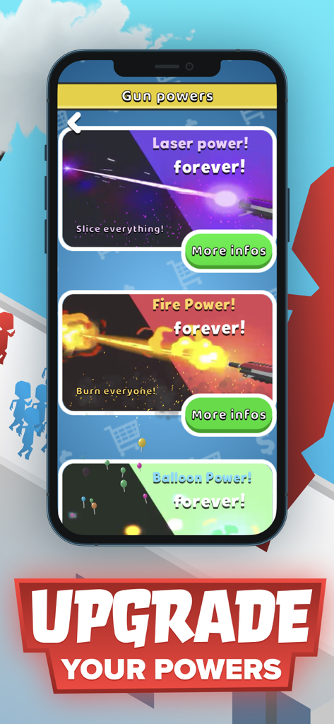 Gun power upgrade menu in Z Escape showing laser and fire power options for the shooter game