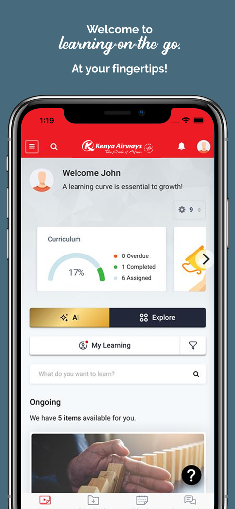 KQIlearn - Panel de la aplicación móvil KQIlearn que muestra el progreso del plan de estudios de formación y las opciones de aprendizaje