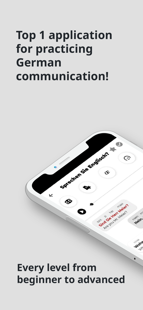 Interface d'une application d'apprentissage de la langue allemande montrant la pratique de la conversation pour tous les niveaux, de débutant à avancé
