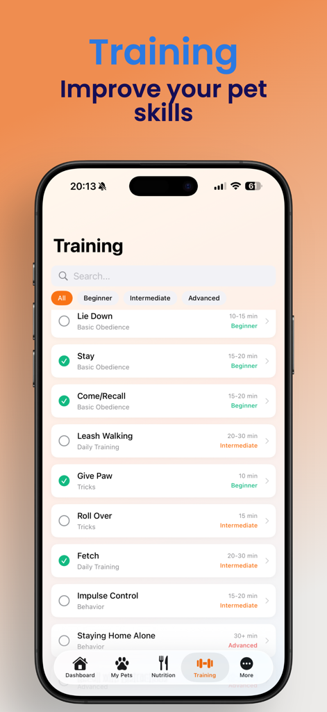 Pet Manager: AI Pet Care - Pet Manager app interface showing a list of pet training exercises categorized by beginner, intermediate, and advanced levels.