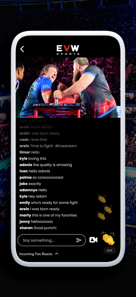 Die EVW SPORTS App-Oberfläche zeigt einen Live-Armdrück-Wettkampf mit Echtzeit-Community-Chat und Fan-Reaktionen.