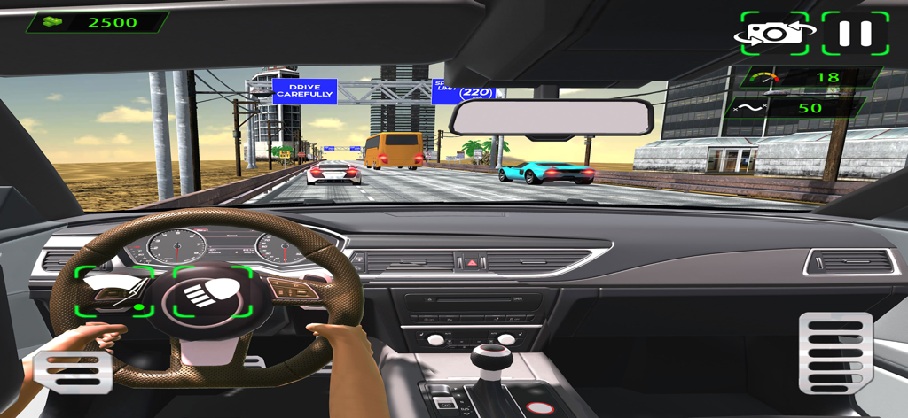 First person cockpit view of a racing car on a highway