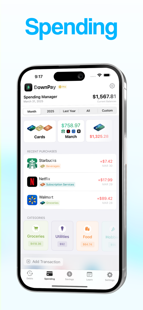 Pantalla del gestor de gastos de la aplicación DownPay que muestra transacciones recientes, totales de gastos mensuales y gastos categorizados como comestibles y servicios públicos