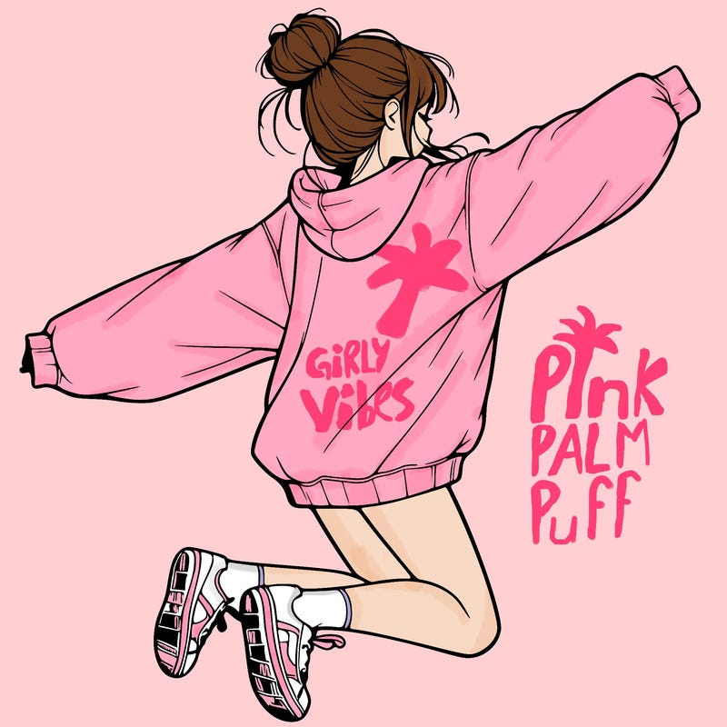 realistic girl jumping with a bun and oversized sweatshirt